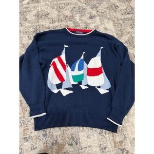 Hathaway Vintage Mens Navy Cotton Sailboat Intarsia Knit Sweater Large Nautical